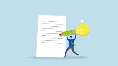 Fotokopi yazarı, zeki genç bir adamın 4k animasyonu. Kağıt üzerinde parlak fikir çizimi yapan büyük bir kalem kullanıyor..