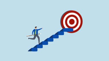 Ticaret hedefine ulaşmak için atılan başarı adımı, elinde dart olan neşeli girişimcinin 4k animasyonu, dart tahtasını hedeflemek için merdivenlere tırmandı.