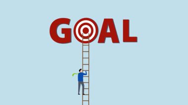 Hedefe ulaşan merdiven, zeki girişimcinin 4k animasyonu hedefi vurmak için bulutun tepesine tırmanır..