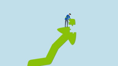 Büyüme stratejisi, zeki girişimcilerin 4k animasyonu, büyümeyi temsil eden yukarı ok metaforunu bitirmek için yapbozun son parçasını yerleştirdi.