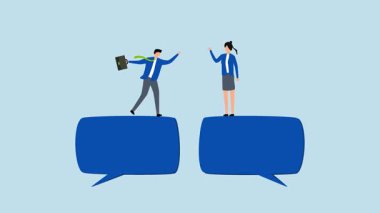 İş görüşmesi, iş adamı ve kadının sohbet balonu içinde 4k animasyonu.