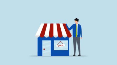 İşletme sahibi küçük bir işe başladı, girişimcinin 4k animasyonu yeni açılan işiyle gururla ayakta duruyor.