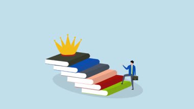 Bilgi başarıya doğru adımlar atar, girişimcilerin 4k animasyonu yukarıdaki tacı elde etmek için merdivenler gibi kitap yığınlarına tırmanır..