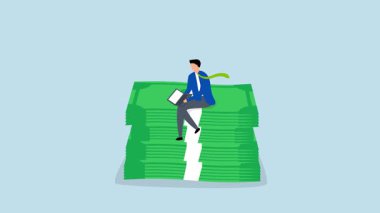 Bir yığın para yığınının tepesinde dizüstü bilgisayar kullanan neşeli girişimcilerin 4k animasyonu.