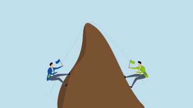 İş yarışması, iş adamlarının 4k animasyonu rakiplerin zirveye bayrak dikmek için dağa tırmanması.