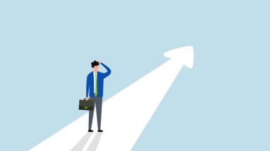 Amaç bulunması, gelecekteki hedef okunu hedef alan şaşkın girişimcinin 4k animasyonu