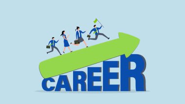 Kariyer gelişimi ya da kariyer gelişimi, mutlu iş kadını ve iş kadınlarının kelime kariyeri ile yükselen okla 4k animasyonu.