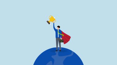 İş dünyasının kazananı, 4k animasyon Girişimci süper kahraman Dünya gezegeninde ödül olarak bir kupa tutuyor.