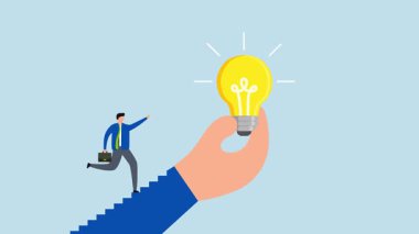 İlham verici bir fikir, girişimcinin 4k animasyonu, büyük el tutuşan, motive edici ampullerden oluşan merdivenlere tırmanır..