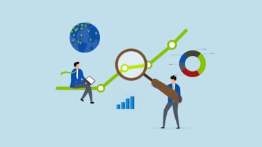 Araştırma ve geliştirme, büyüteç ve bilgisayarla incelenen iş adamlarının 4k animasyonu.