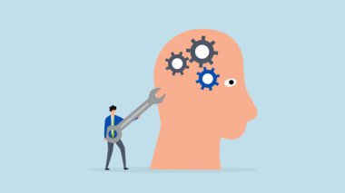 Zihin yapısını değiştirin, girişimcinin 4k animasyonu bir ingiliz anahtarı ile bir insan kafasındaki dişli dişlileri zihniyetin bir metaforu olarak modifiye etmek için.