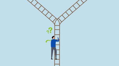 Karar verme, Karmaşık Girişimci 'nin 4k animasyonu merdiveni tırmanır ve bir yol seçmek için kesişme noktası keşfeder