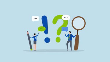 Soru ve cevap, iş adamı ve kadının ünlem işaretli 4k animasyonu, konuşma baloncuğunda soru işareti