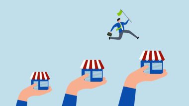 Mağaza önünü genişletmek, daha büyük bir mağazaya atlayan girişimcilerin 4k animasyonu