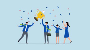 Takım zaferi, bir iş ekibindeki neşeli meslektaşların 4k animasyonu bir kupa ile zaferlerini kutluyorlar.