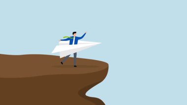 Yeni bir fikir deneyin. Yeni bir işe başlayın. Girişimcinin ilk uçuşu için kağıt origami uçağıyla koştuğu 4k animasyon.