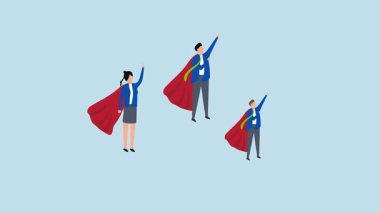 Profesyonel insanlar ticari başarıya yardım etmek için, şirket temsilcilerinin 4k animasyonu grup üyeleri atmosferde yükselen süper kahraman