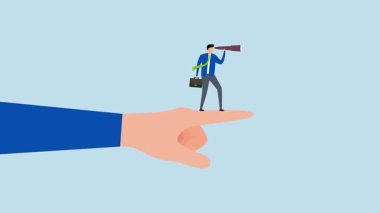 İş yönünü görme vizyonu, girişimcinin geleceği gözlemlemek için dürbünle büyük parmağını kullanarak 4k animasyonu