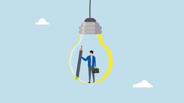 Yaratıcı fikir, kalem tutan yaratıcı bireyin 4k animasyonu bir ampul tarafından temsil edilen bir fikri tasavvur eder.
