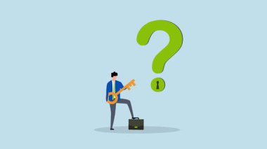 Sorun ve sorulara cevap vermenin anahtarı, soru işareti üzerinde anahtar deliğini açmak için altın anahtarı yakalayan zeki girişimcinin 4k animasyonu