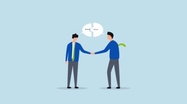 İletişim başarısı, iş adamlarının iletişim baloncuğu bulmacası ile el sıkışması 4k animasyonu