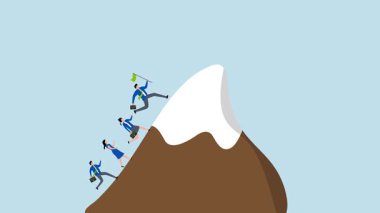 Başarılı bir iş görevi, takım üyelerinin dağ zirvesine ulaşmak için koşuşturması 4k animasyonu.