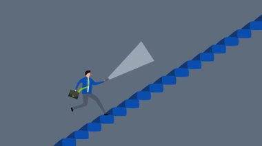 Fırsatı görmek için el feneri, merdiveni yükselten el feneri ya da meşaleli bir girişimcinin 4k animasyonu