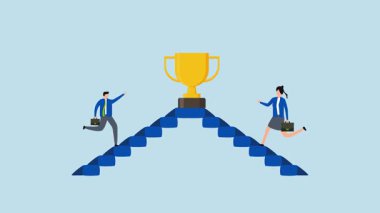 İş müsabakası, iş adamı ve iş kadınının 4k animasyonu kupa için yarışarak merdivenlerden çıkıyor