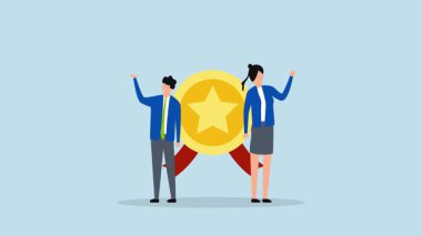 Başarı ve ödül kazanan uzman, başarılı iş adamı ve kadın profesyonellerin 4k animasyonu yıldız tanıma ödülü ile poz verdi