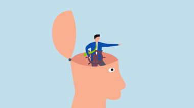 Öz kontrol, iş adamı liderinin 4k animasyonu direksiyon dümenini kafasına doğrultuyor.