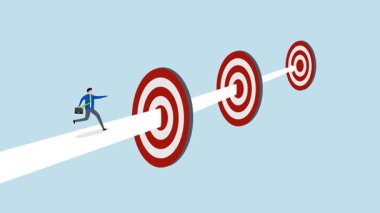 Hedeflere ve iş hedeflerine ulaşmak için mücadele, hedeflere giden bir ok yolunda ilerleyen güven girişimcisinin 4k animasyonu