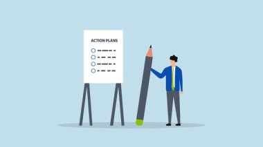 Girişimcinin 4k animasyonu, beyaz tahta üzerinde basamaklar listelenmiş strateji planını sergiliyor