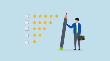 Memnuniyet geri bildirimi, yıldız değerlendirmelerini değerlendirmek için kalem tutan düşünceli girişimcinin 4k animasyonu