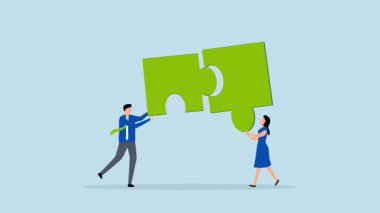 Başarı için birlikte çalışan ortaklık, iş adamı ve kadın ilişkisinin 4k animasyonu yapboz bağlantısı