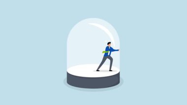 İş kısıtlamaları, cam içerisindeki iş adamının 4k animasyonu kısıtlamaları kırmak için güçlü bir çaba sarf ediyor