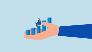 İş desteği, bilgisayar kullanan zeki girişimcinin 4k animasyonu. Genişleme çizelgesi.