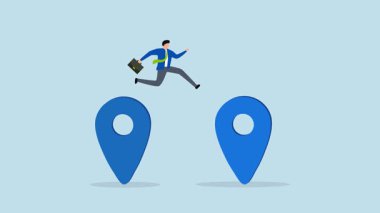 İş yeri değiştirme, girişimci işletme sahibinin bir harita işaretçisinden diğerine atlayıp taşınması metafor olarak 4k animasyon