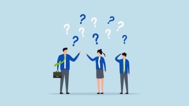 Kafası karışmış insanların kafa karışıklığı, iş adamı ve iş kadınının 4k animasyonu ve sayısız karışık soru işareti.