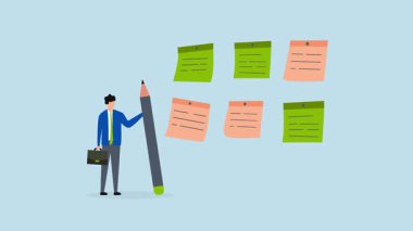 Kategori, kalem sınıflandırmalı yapışkan notları olan iş adamlarının 4k animasyonu