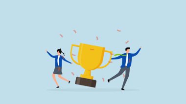 Takım başarısı, iş adamı ve iş kadınının 4k animasyonu zafer kupasını kutluyor