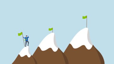 Başarılı olma ve hedefe ulaşma hırsı, azimli girişimcilerin 4k animasyonu, daha büyük hedeflere ulaşmak amacıyla dağ zirvesine yükseliyor