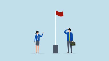 İş için kırmızı bayrak uyarısı, düşünceli iş adamı ve iş kadınının 4k animasyonu kırmızı bayrak uyarısı