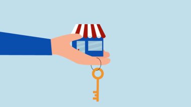 Başarının küçük işletme anahtarı, iş adamının 4k animasyonu altın anahtarlı küçük işletme dükkanını elinde tutuyor.