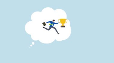 Rüyayı gerçeğe dönüştür, başarı ödülü almış iş adamının 4k animasyonu düşünce baloncuğundan gerçeğe atlıyor