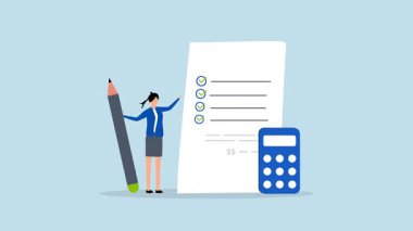 Proje maliyet tahmini, proje belgesinden hesap makinesi tahmini maliyeti olan iş kadınının 4k animasyonu