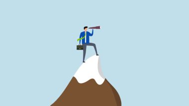 Vizyoner, iş adamının 4k animasyonu teleskoptan iş vizyonu görmek için bakıyor