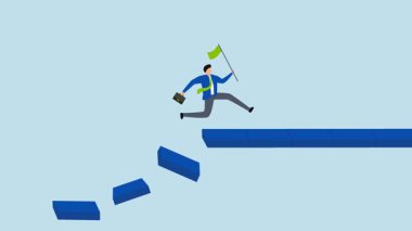 Hayatta kalmak ve krizde başarı, iş adamının 4k animasyonu çöken köprüye atlayıp hedefe ulaşmak için