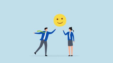 Çalışan mutluluğu, neşeli erkek ve kadın girişimcinin canlı çalışma ortamında gülümseyen yüz ikonu sergilemesinin 4k animasyonu.