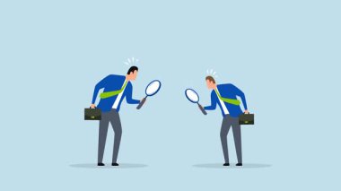 Şüpheci, güvenilmez girişimcilerin 4k animasyonu büyüteçle birbirlerini inceliyor