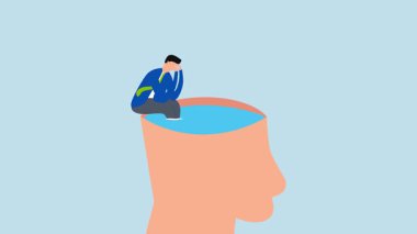 Psikoloji, tefekkürün 4k animasyonu insan beyninin üzerine oturmak için tırmanıyor..